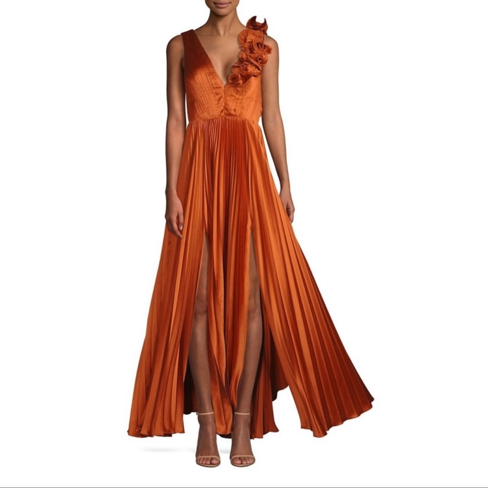 AMUR aviva pleated ruffle shoulder gown